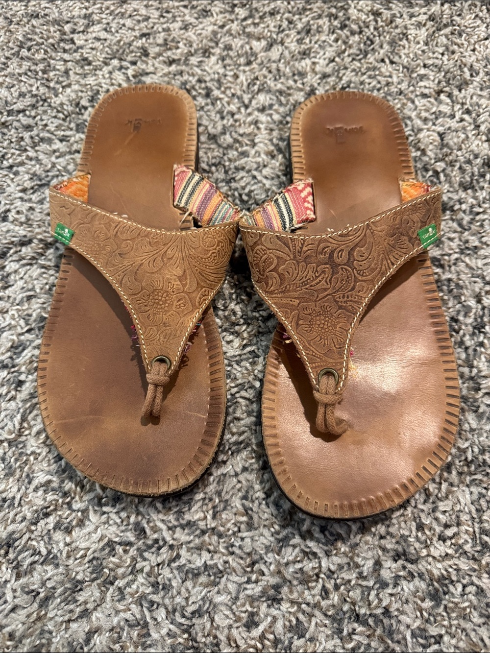 Sanuk Brown Embossed Leather Thong Sandals - Women's